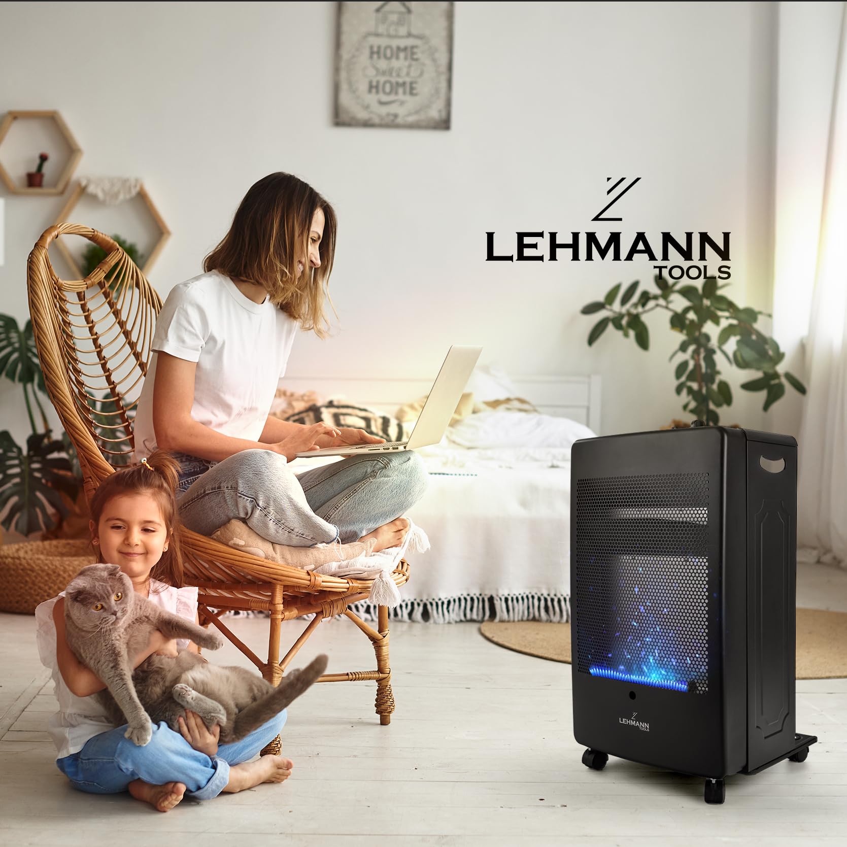 LEHMANN Poêle à gaz 3,8 kW avec 2 niveaux de chauffage, flamme bleue, allumage piézoélectrique, arrêt de sécurité, roues, chauffage pour pièces jusqu'à 80 m², GPL/Propane/Butane