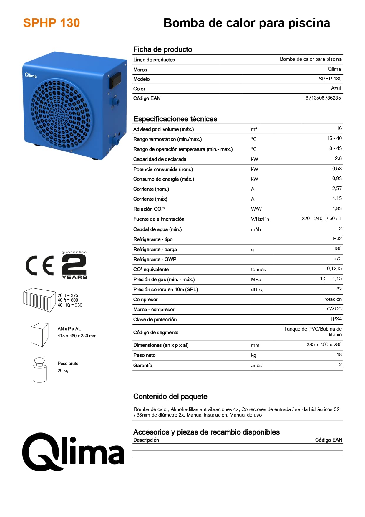 QLIMA Pompa di Calore per Piscina SPHP130 Blu Piscina Accessori