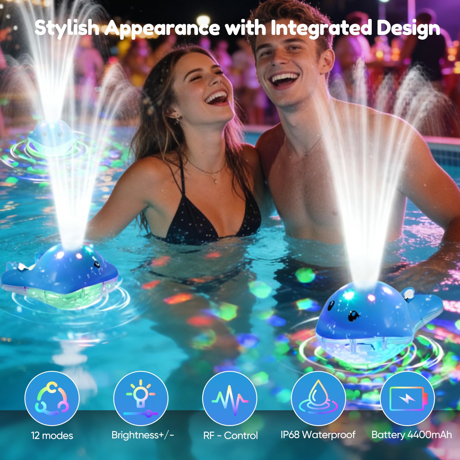 Fontaine Flottante pour Piscine avec Télécommande - Lampe de Piscine Rechargeable en Forme de Dauphin, IP68 Étanche, 12 Modes d'Éclairage et 3 Modes de Fontaine, Décoration pour Piscines, Bassin