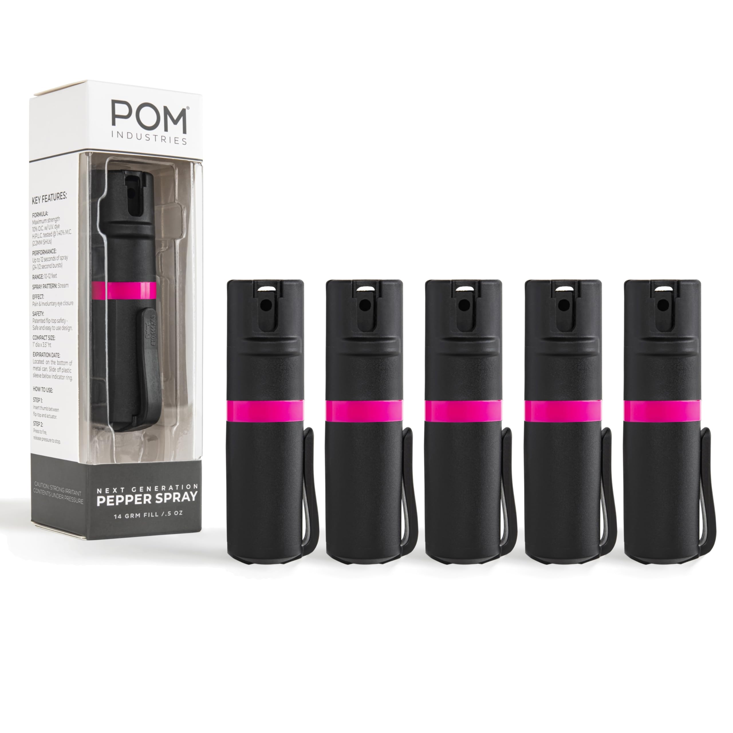 POM Pepper Spray Pocket Clip, Quick Flip Top Safety, Maximum Strength OC Formula with UV Marking Dye, Safe Compact and Tactical Design for Everyday Carry, 25 Bursts, 10 ft Range, 0.5 fl oz