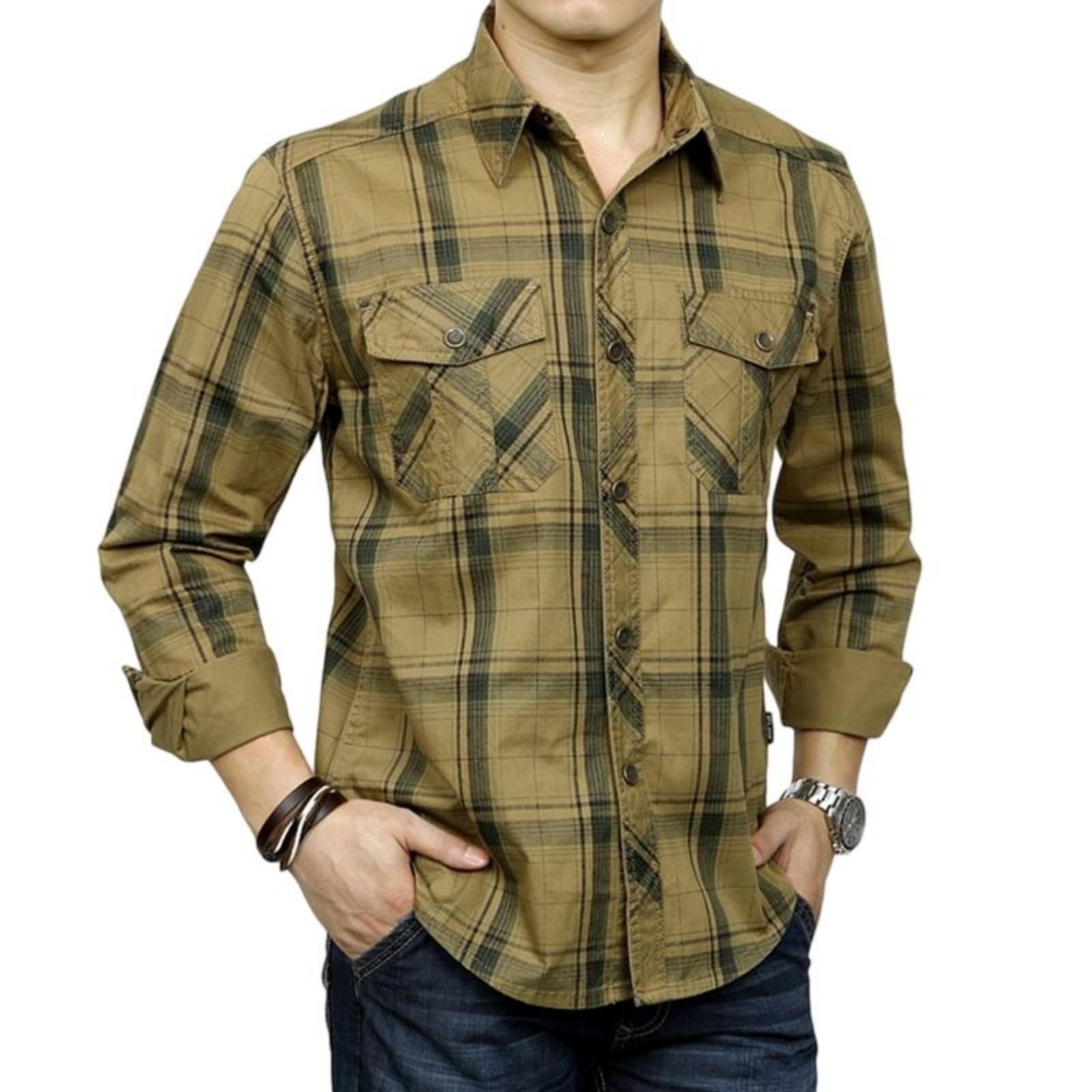 Camisa de algodón para hombre a cuadros de manga larga holgada con múltiples bolsillos