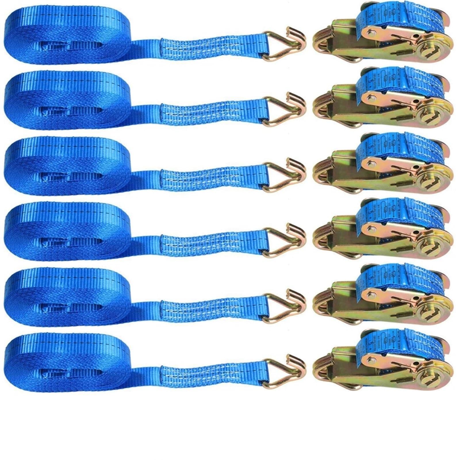 sangle moto Confezione da 6 cinghie di ancoraggio a cricchetto, 5 m × 25 mm con doppi ganci a J, resistenza al carico 800 kg for fissare il su camion, rimorchi, camper