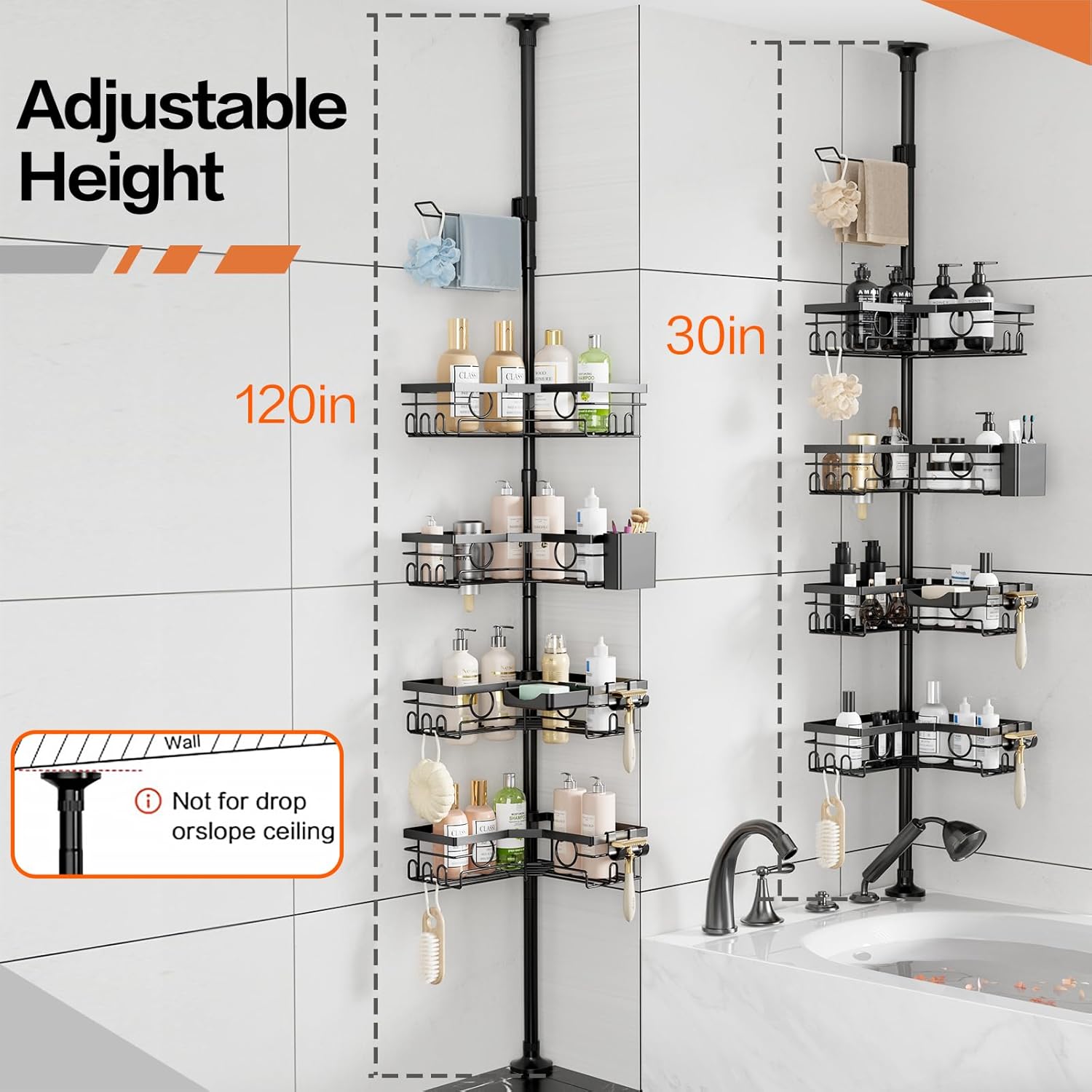 Corner Shower Caddy Tension Pole, Rustproof 4-Tier Adjustable 30-120 Inch Bathroom Organizer with Towel Bar, Soap & Toothbrush Holders, Black