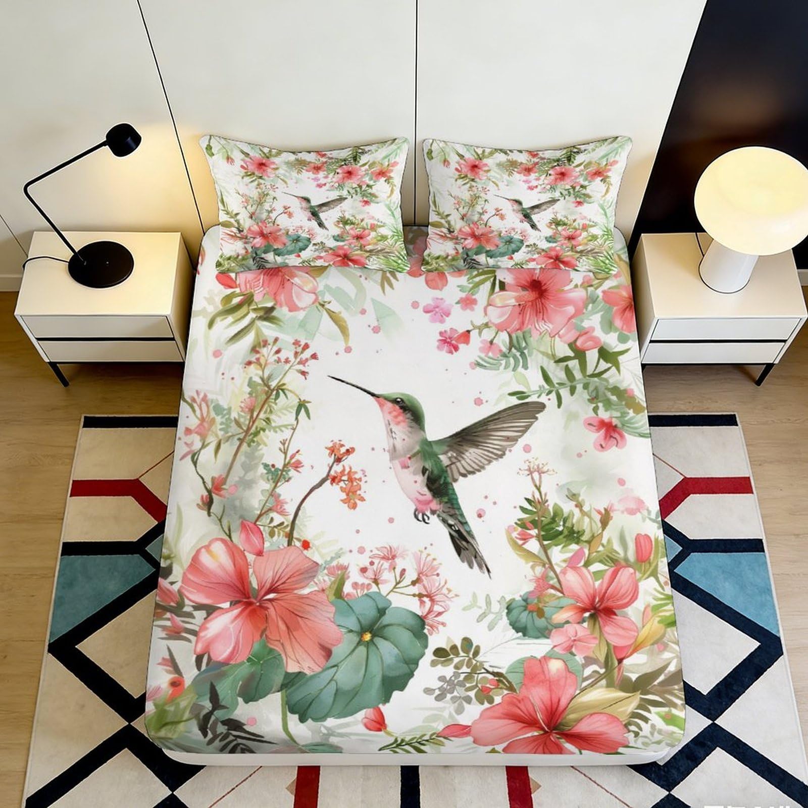 3D Printed Hummingbird Floral Fitted Sheet Microfiber Soft Pink Botanical Mattress Cover for Bedroom Guest Room Decor 90x200x25cm