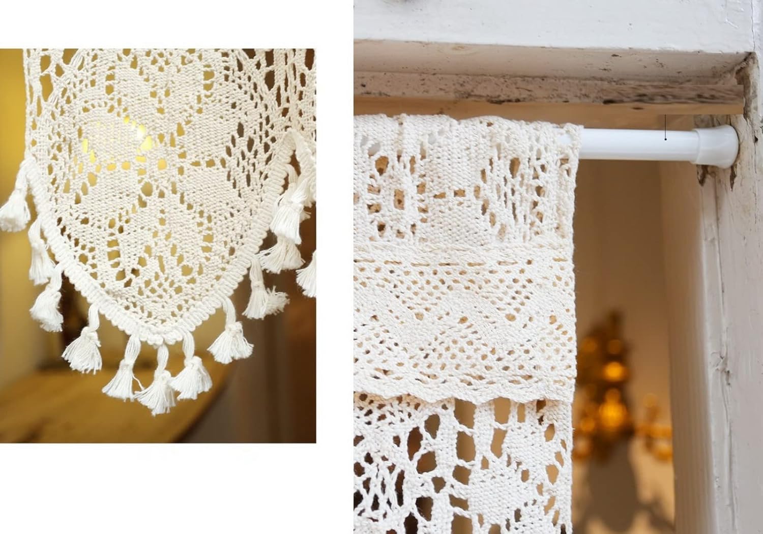 A.Monamour Short Curtain for Small Window Sheer Transparent Beige Cotton Hollow Crochet Lace Chic Bohemian Valance Panel Drapes Half for Kitchen Café Bedroom Cabinet Door Curtain