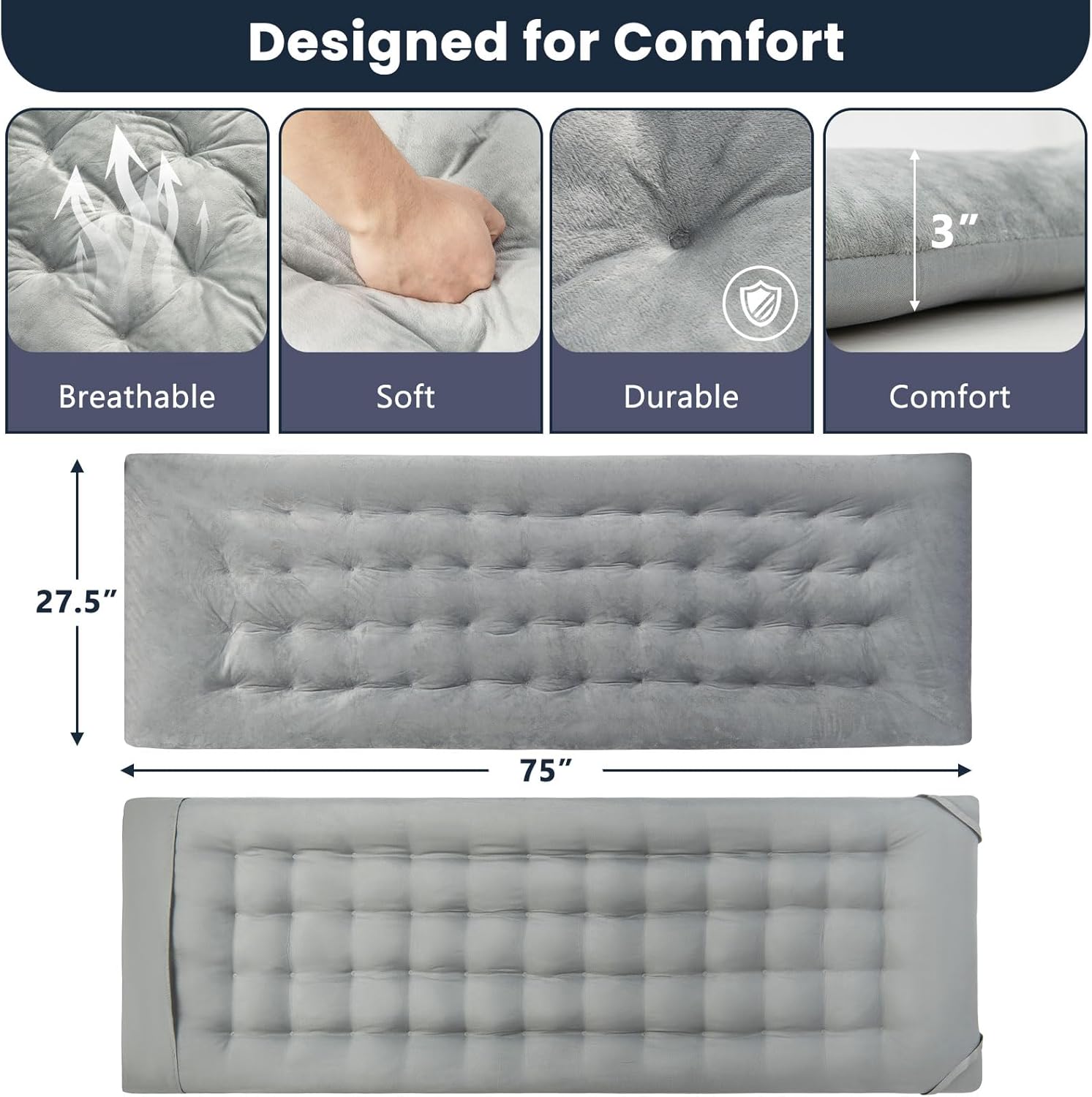 Giantex Camping Cot Pad, 75" x 27.5" x 3" Recliner Cushion with 4 Fixing Straps, Thickened Cushion for Lounge Chair and Swing, Indoor Outdoor Use, Mattress Pad for Hiking Travel Camp Vacation, Gray