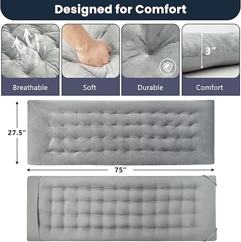 Miniatura 4 de Giantex Almohadilla para cuna de campamento, 75 x 27.5 x 3 pulgadas, cojín reclinable con 4 correas de fijación, cojín grueso para sillón y