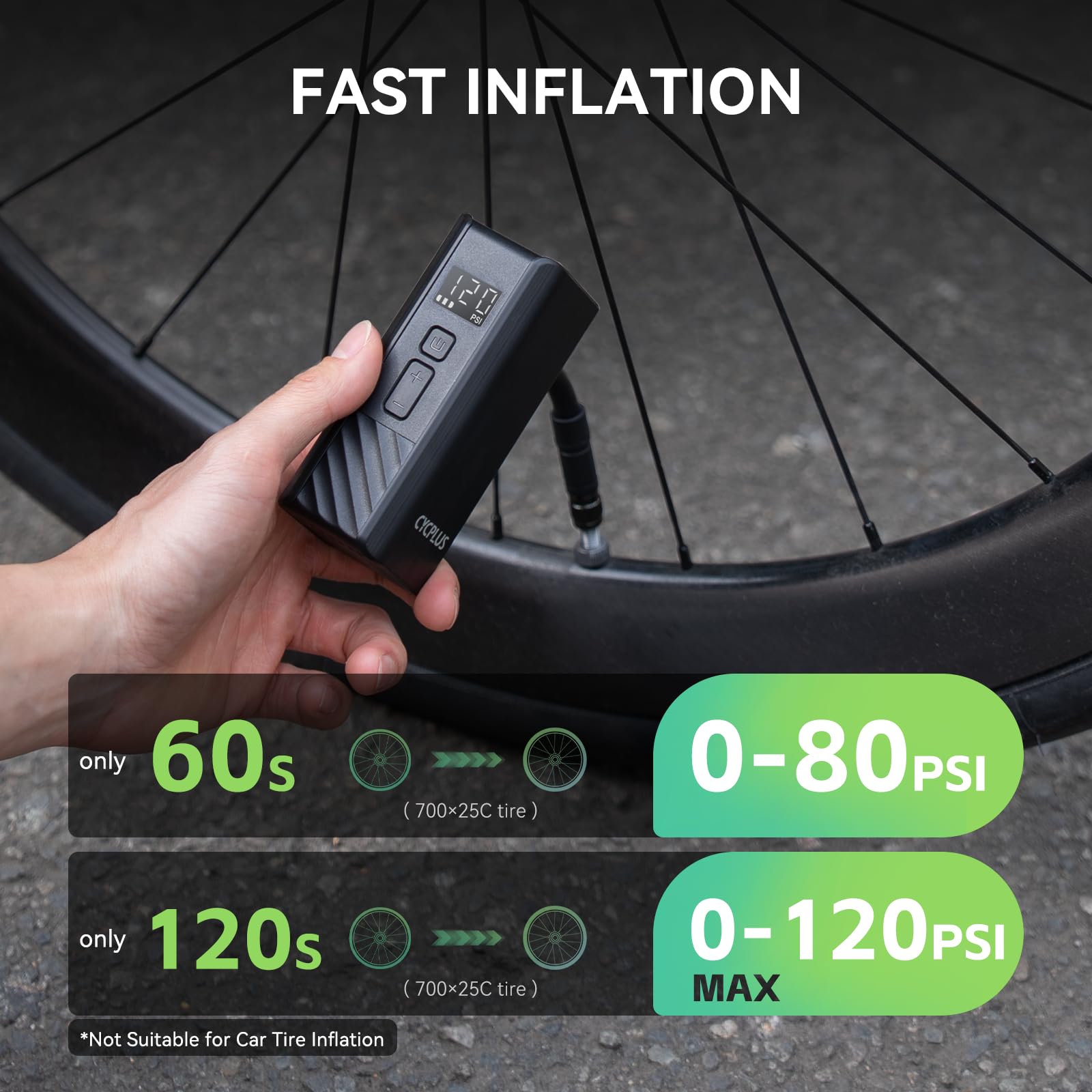 CYCPLUS A3 Mini pompka rowerowa 120 PSI, silnik bezszczotkowy | Bateria 2000mAh, Auto Stop, zawory Presta i Schrader, szybkie pompowanie, do MTB, e-bike i motocykli