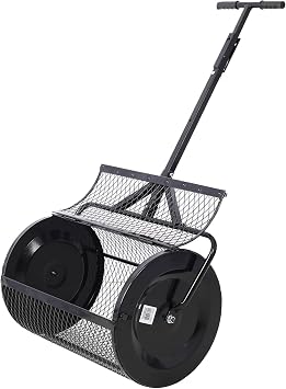 24" Peat Moss Spreader with T-Handle - 2 in 1 All Terrain Compost Spreader, Steel Mesh Compost Roller for Lawn & Garden - Evenly Spreads Peat Moss, Manure, Black 24"