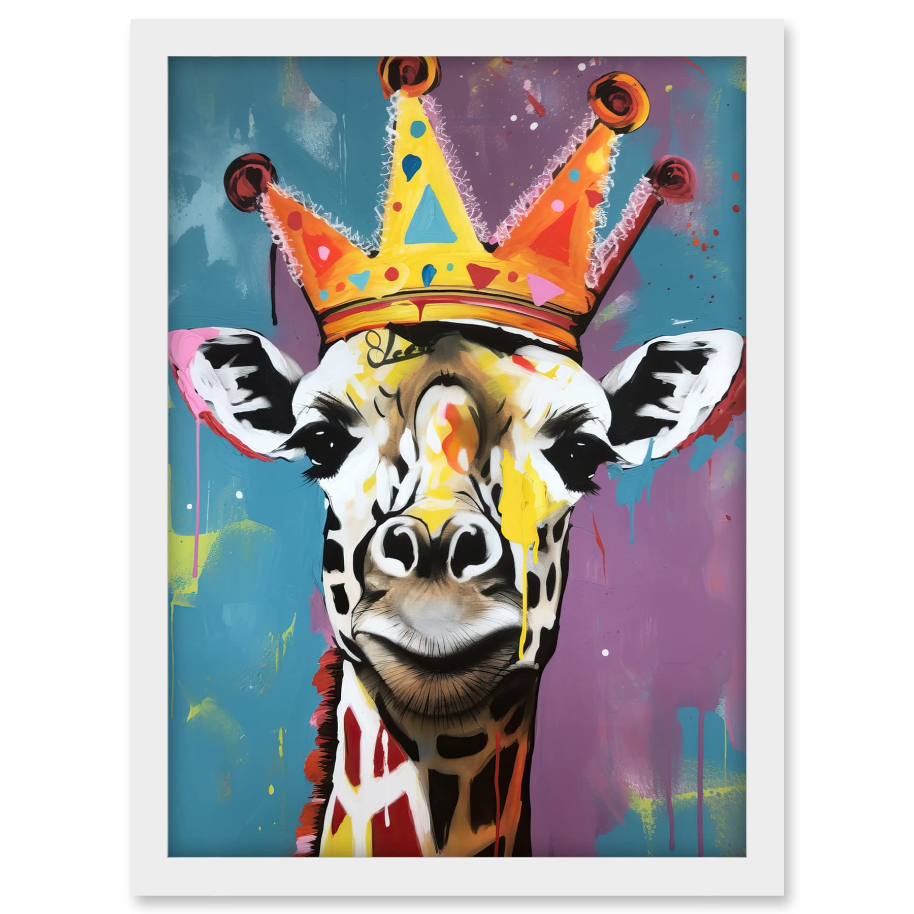 Artery8 Giraffe Wearing a Crown King Queen Modern Pop Art Artwork Framed A3 Wall Art Print