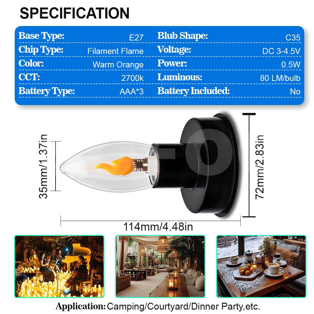 SOFOC LED-Glühbirnen mit Flackereffekt und Kerzenhalter, E27-Sockel, 0,5 W, batteriebetrieben, warmes Orange, 2700 K, perfekt für Schlafzimmer, Party, Hochzeit, Kirche, 3 Stück