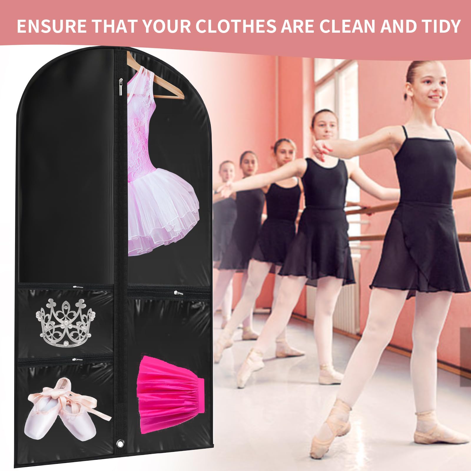 Ribbonlic Clear Dance Garment Bags 3-Pack - 40 Inch Hanging Costume Bags With 4 Pockets For Travel