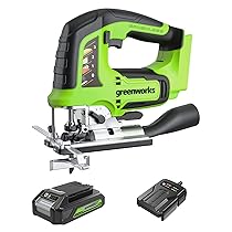 Greenworks GD24JSK2 Seghetto Alternativo a Batteria con 2 Lame, 3000 colpi, min., Base Regolabile Fino a 45°, Attacco Aspiratore PIÙ Batteria 24V 2Ah e Caricabatterie, Garanzia 3 Anni
