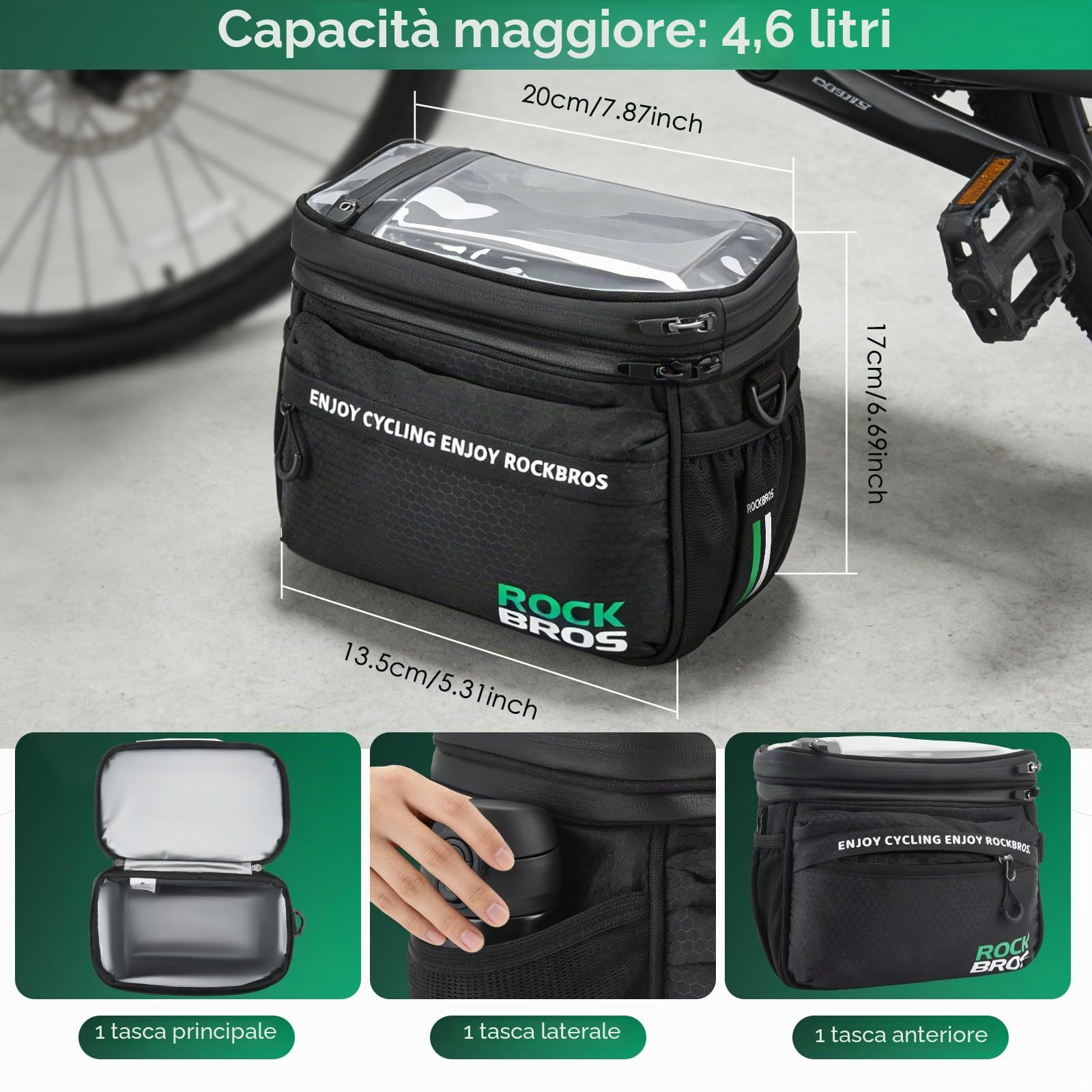 Borsa da Manubrio per Bicicletta, 3 in 1 con Tracolla Regolabile, Touchscreen, Copertura Antipioggia, Impermeabile e Isolata, per Cellulare, Adatta per Bici e E-Bike
