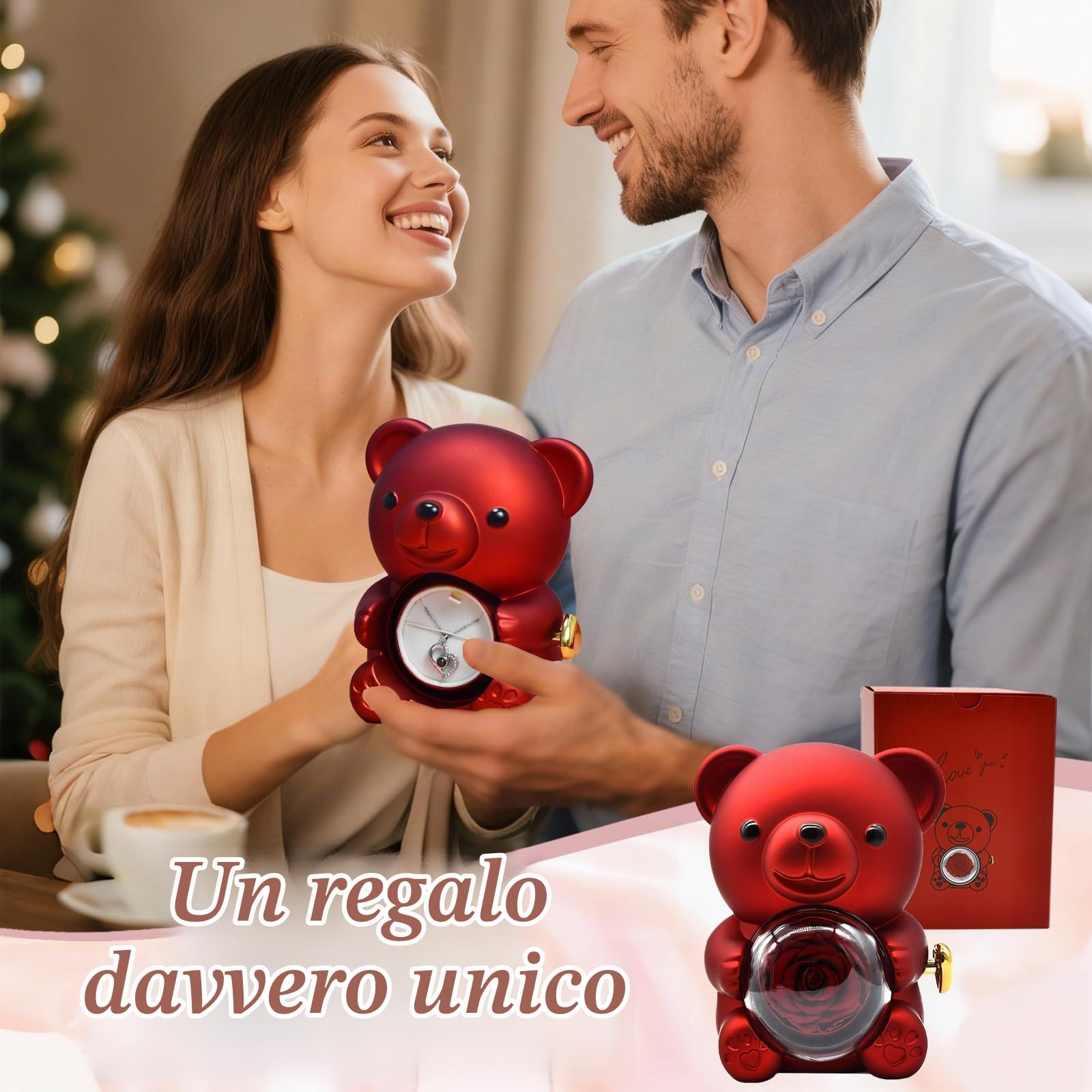 Orsetto Rosa Eterna con Collana a Forma di Cuore,Orso di rosa Eterna Confezione Regalo,Orsetto di Rose Stabilizzate con Scatola per Donna,Mamma,per San Valentino,Festa della Mamma,Anniversario (Rosso)