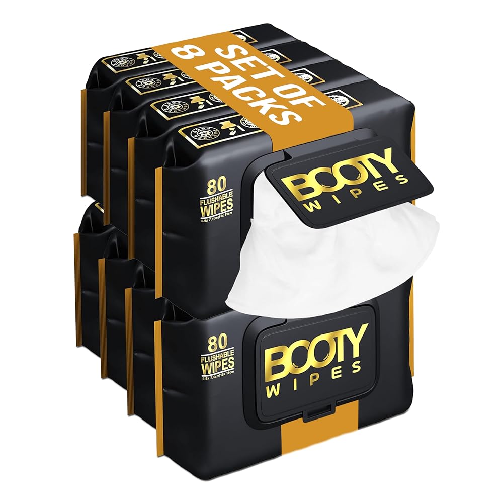 Booty Wipes - Flushable Wipes for Men - Aloe Vera and Vitamin E - Non-Woven - 640 Count Pack of 8-5.9 x 7.5 Inch - Alcohol Free - Fragrance Free - pH Balanced - Durable and Gentle Toilet Wipes