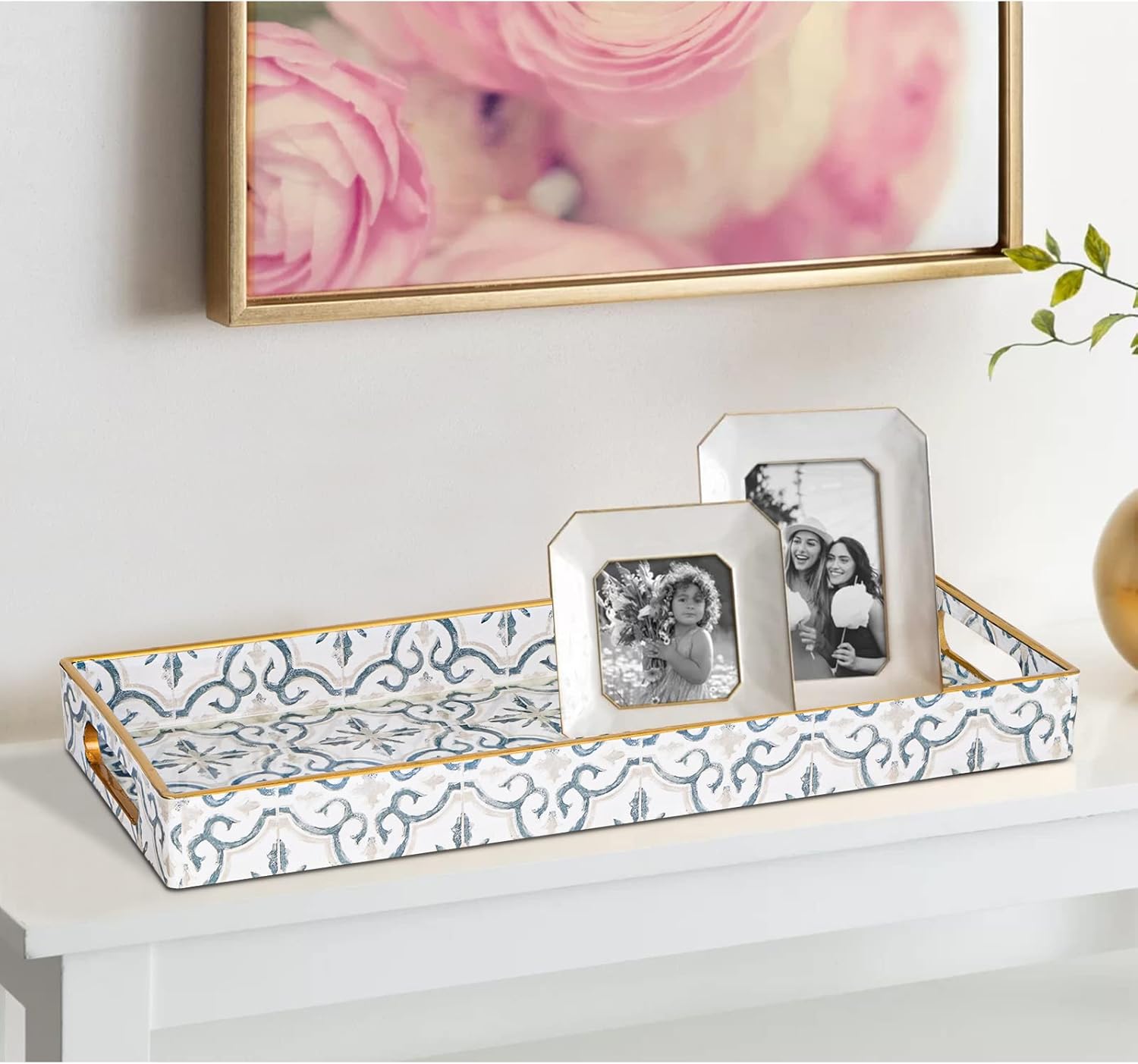 MAONAME White Decorative Tray, Plastic Serving Tray with Handles, Rectangular Moroccan Trays, Long Narrow Trays for Bathroom, Kitchen Counter, 13.8" X 6" X 1.57" - Image 5