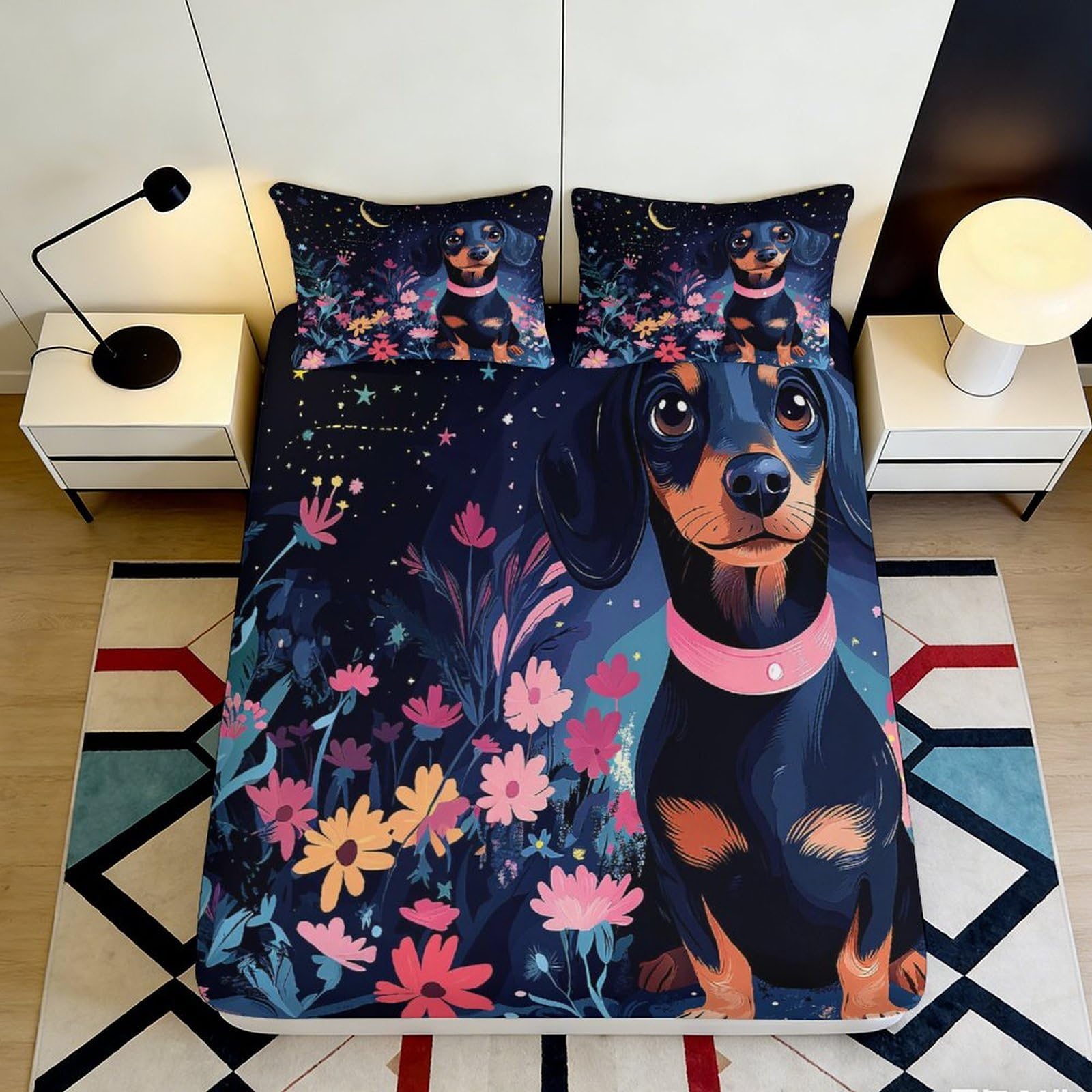 3D Printed Dachshund Floral Fitted Sheet Microfiber Elastic Hem Deep Pocket Bedroom Bedding Dachshund Mattress Fitted Cover Washable 200x200x25cm 90x200x25cm