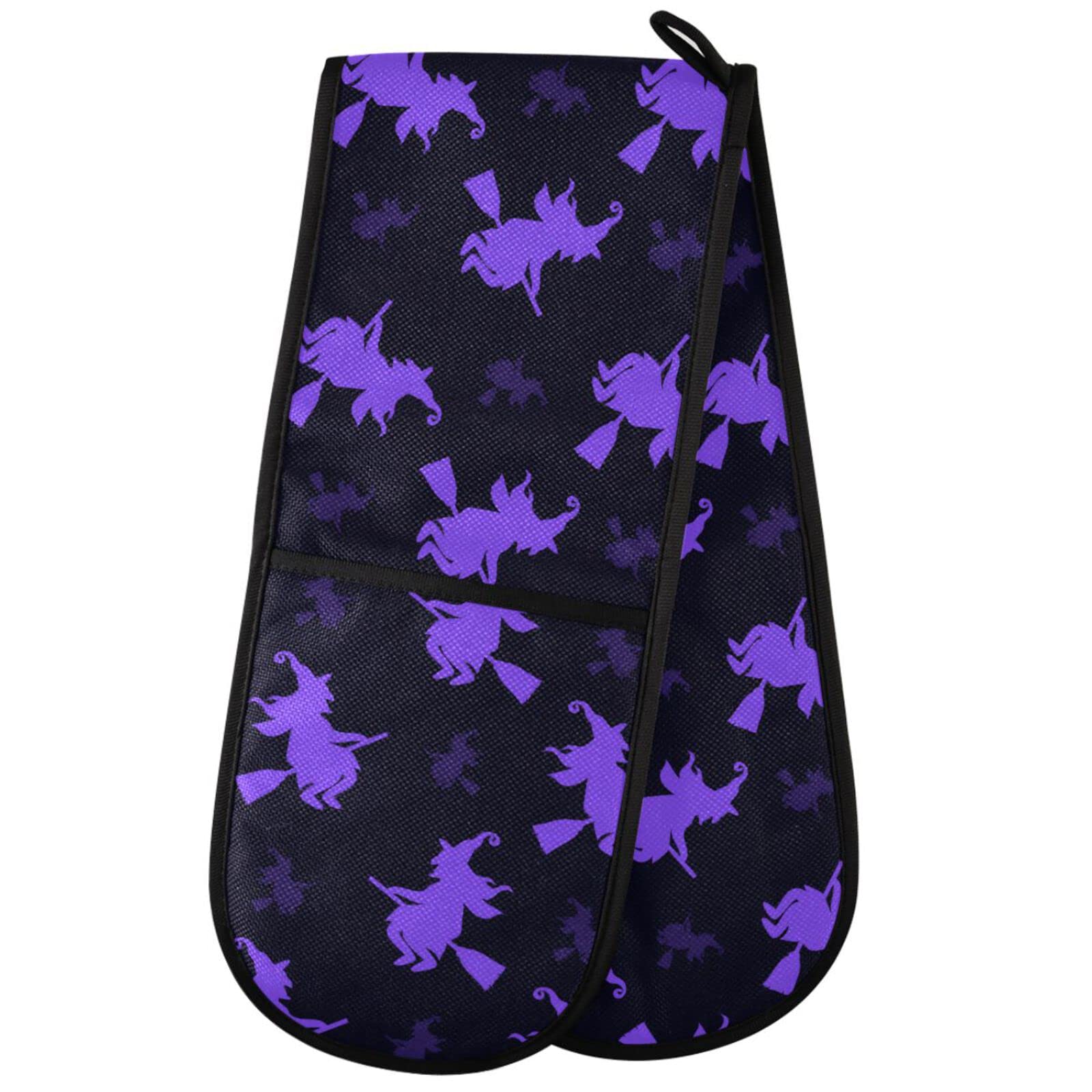 ZZXXB Witch and Broom Double Oven Mitt Heat Resistant Non-Slip Kitchen Gloves Extra Long 7" x 35" for Cooking Baking Barbecue Grilling