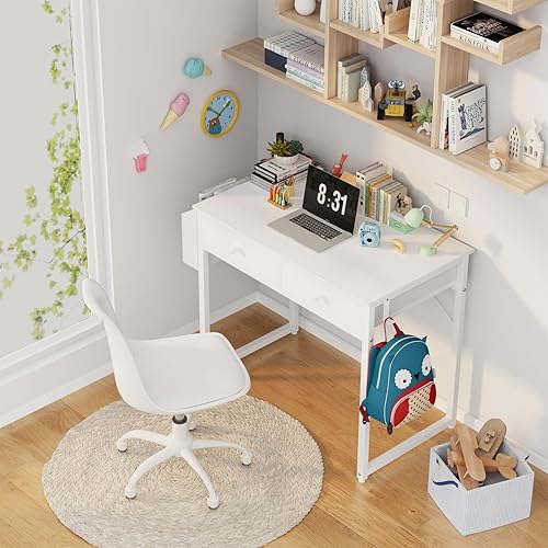 Miniatura 2 de Lufeiya Small White Kids Desk with Drawers for Bedroom, 32 Inch Home Office Desks with Fabric Storage Drawer and Bag, Study Writing Vanity Table for