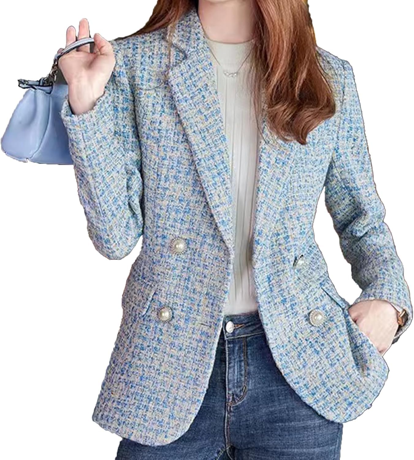 Blazer en Tweed à la Mode pour Femmes col Rond Classique à Double Boutonnage Patte de Boutonnage Bureau Affaires Blazer décontracté à Manches Longues Manteau Mince