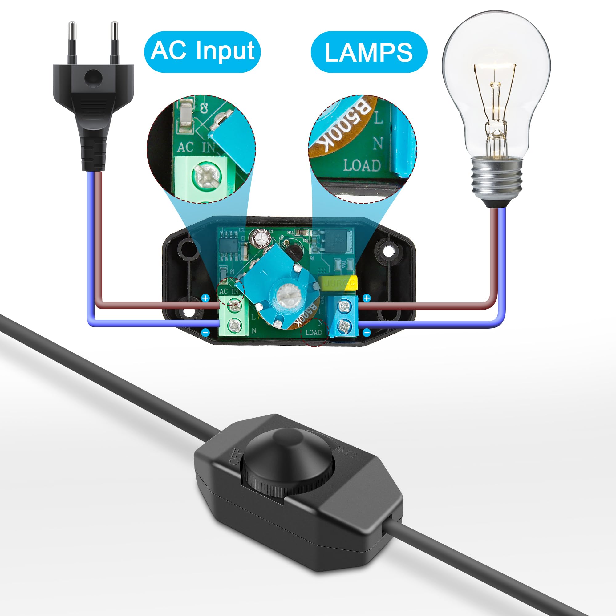 VIPMOON Dimmer schakelaar voor ledlampen 3-100 W, led-snoerdimmer 230 V