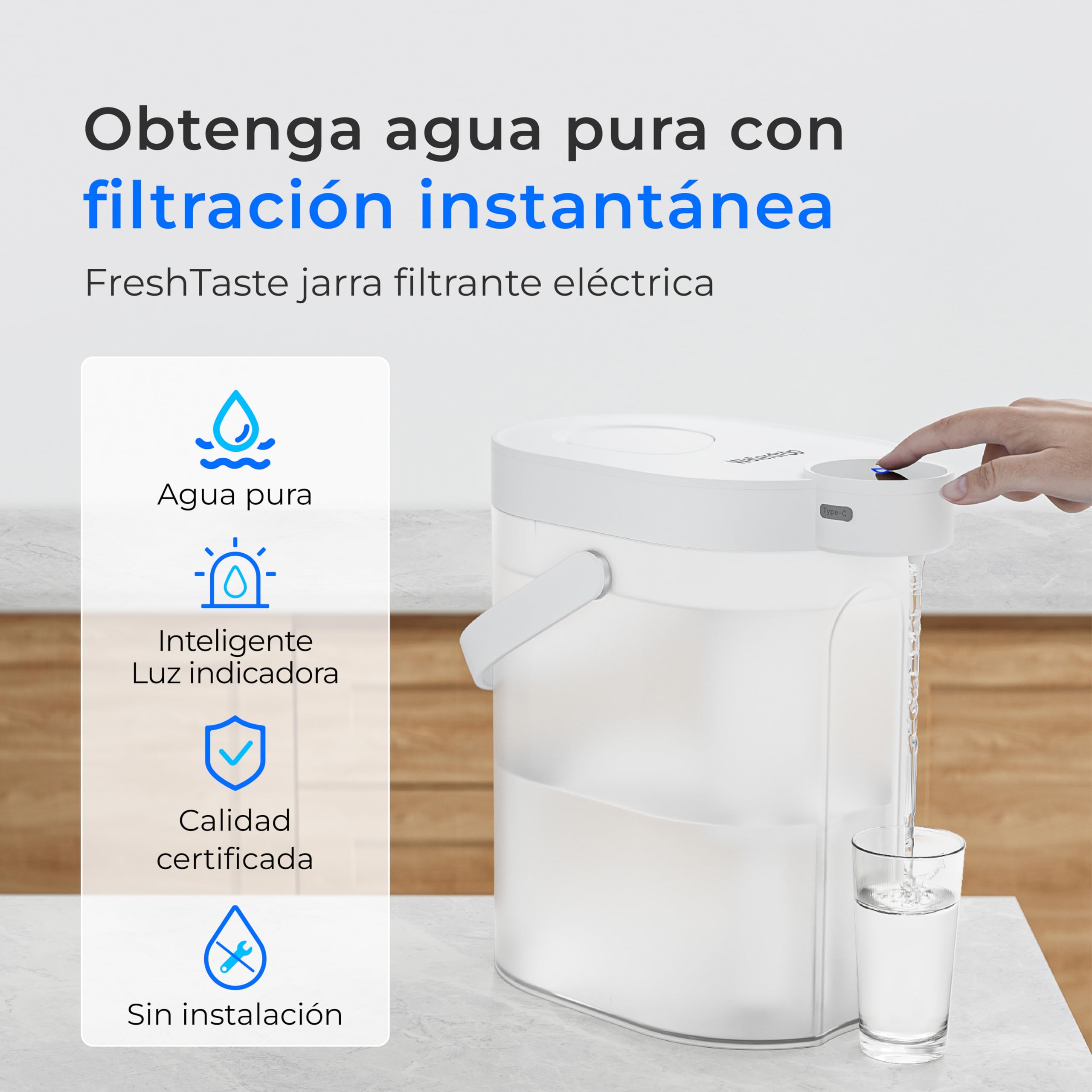 Waterdrop Instant Jarra Filtradora de Agua (4L), WD-ED06W Jarra Eléctrica con Filtro de Agua, Dispensador Filtro de Agua, Reducir 20+ Sustancias, Preserva Minerales (Filtro: WD-EWFS)
