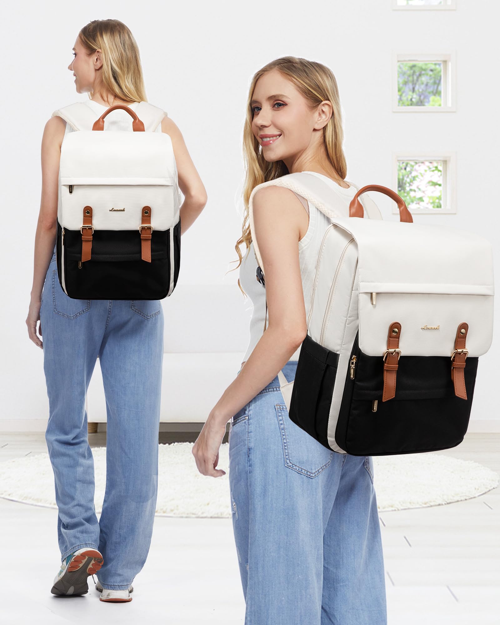 LOVEVOOK Sac à Dos College 17.3 Pouces Antivol Ordi Pc, Renforcé pour Voyage, Leger Loisir, Beige Noir