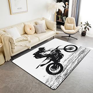 Erosebridal Teens Dirt Bike Area Rug 5x7 for Living Room, Motocross Rider Indoor Floor Mat for Kids Boys Adult Men, Motorbike Extreme Sport Carpet Non Slip, Motorcycle Grunge Accent Rug Bedroom Decor