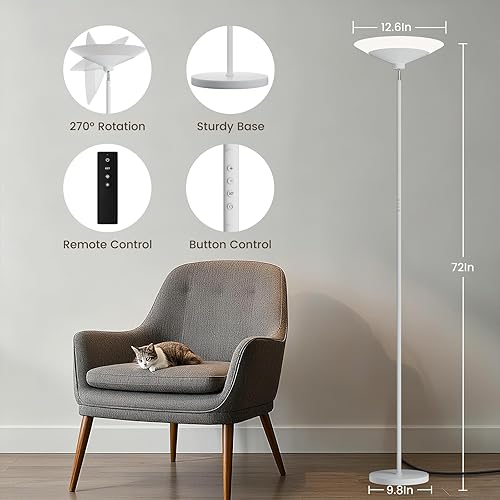 Miniatura 25 de Torchiere - Lámpara de pie LED de 72 pulgadas de alto con control remoto/botón, 1800 lm, 3000-6500 K, 30 W regulable moderna lámpara de piso de Negro