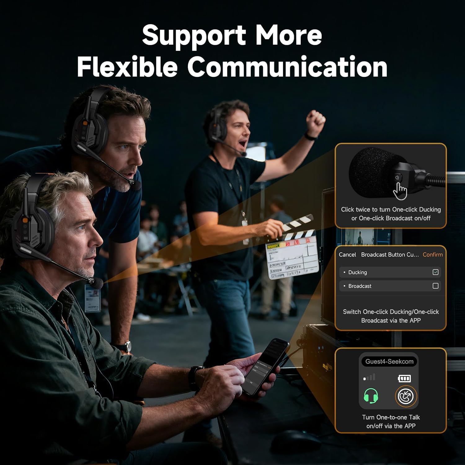 COMICA Seekcom S1 Wireless Intercom Headset System, 2.4GHz Full-Duplex Communication Headsets with 500m/1640ft Range, Noise Reduction, One-Key Broadcasting & Talk Modes for Live Show, Events (2 Sets)