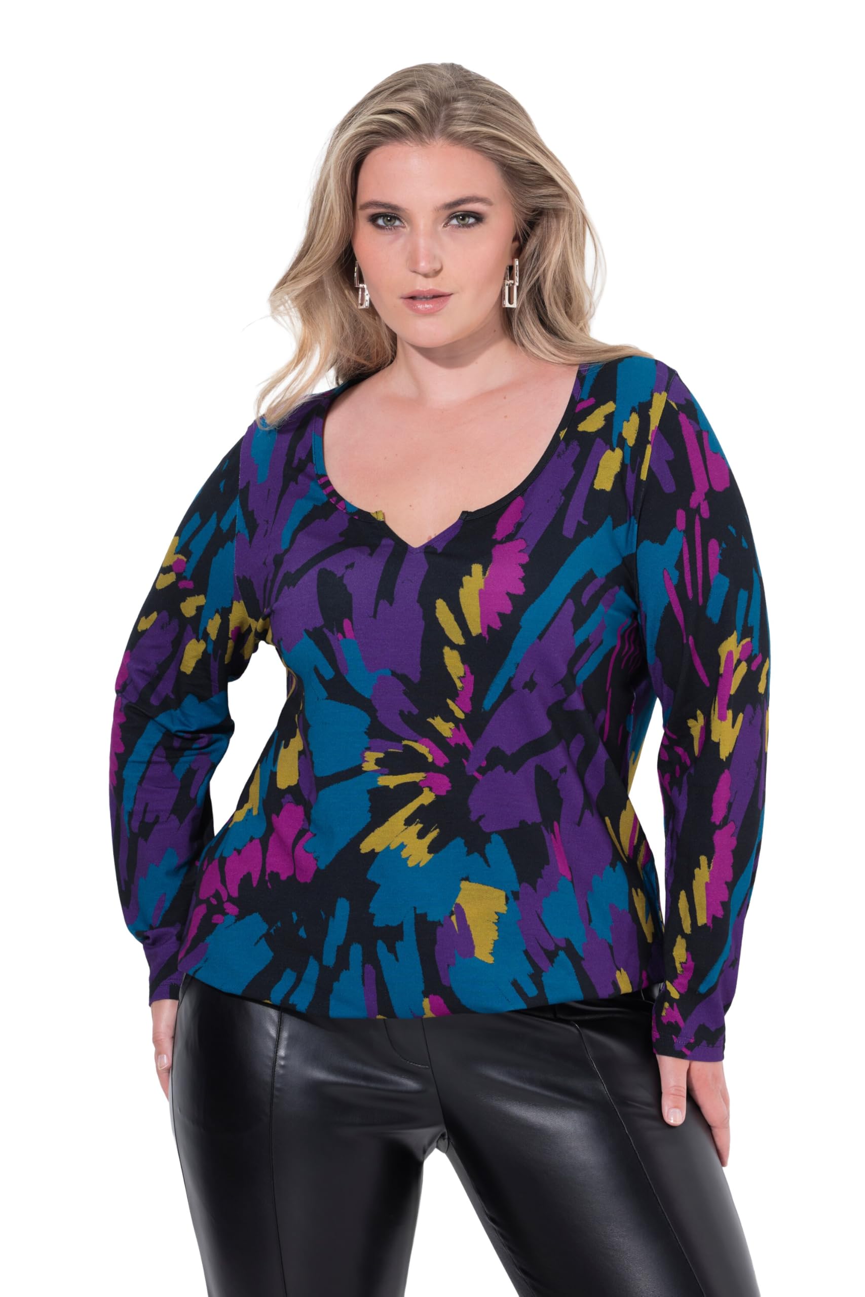 Ulla Popken Damen große Größen Übergrößen Plus Size Shirt, Blüten, Gummisaum, Rundhals, Langarm, Keyhole 843300