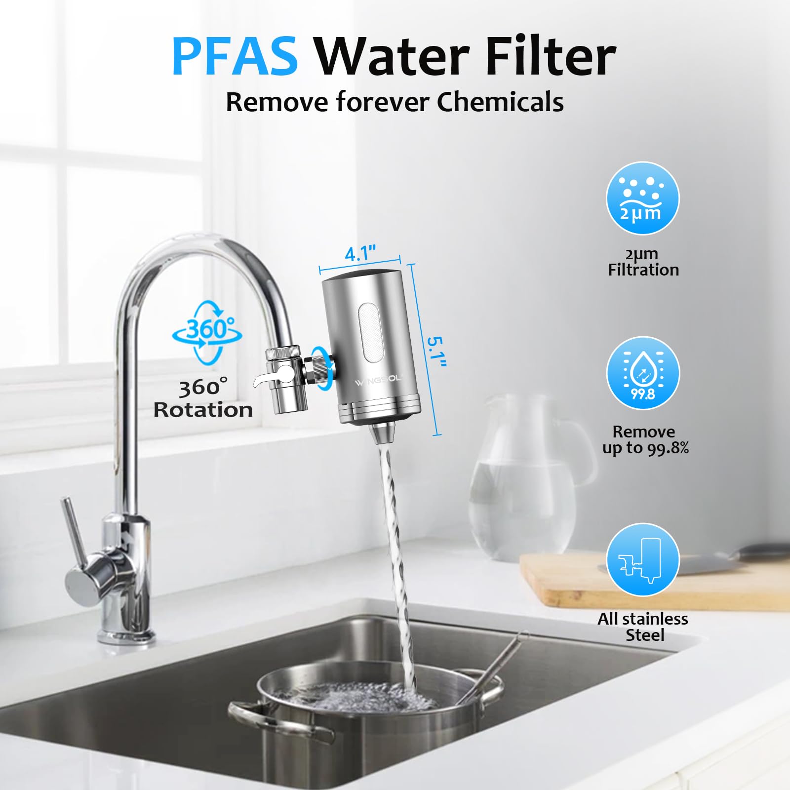 WINGSOL Filtro de agua para grifo de fregadero, sensor de temperatura, luz LED, NSF/ANSI 42 y 53, purificador de grifo giratorio de 360°, transparente, reduce los metales pesados 99.6 % de plomo