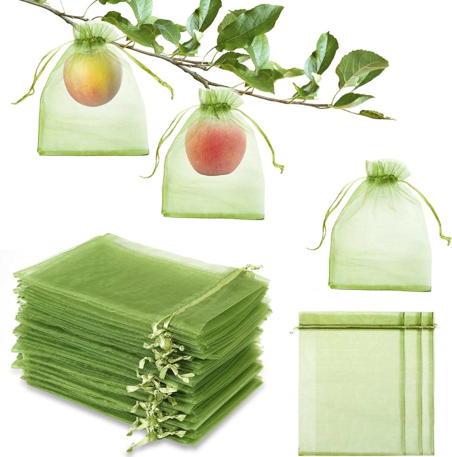 50 bolsas de protección de frutas de 6 x 9 pulgadas, bolsas de frutas para árboles frutales, protección de bolsas de frutas, bolsas de malla verde con cordón, protectores de frutas, barrera de plagas