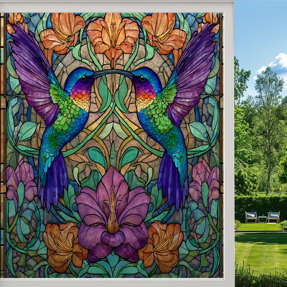 Glam Hummingbird Frosted Window Film, Bohemian Style Floral Bird Retro Stained Glass Privacy Film, Heat Insulation Self-Adhesive Vinyl for Bathroom Office, （90x160cm）