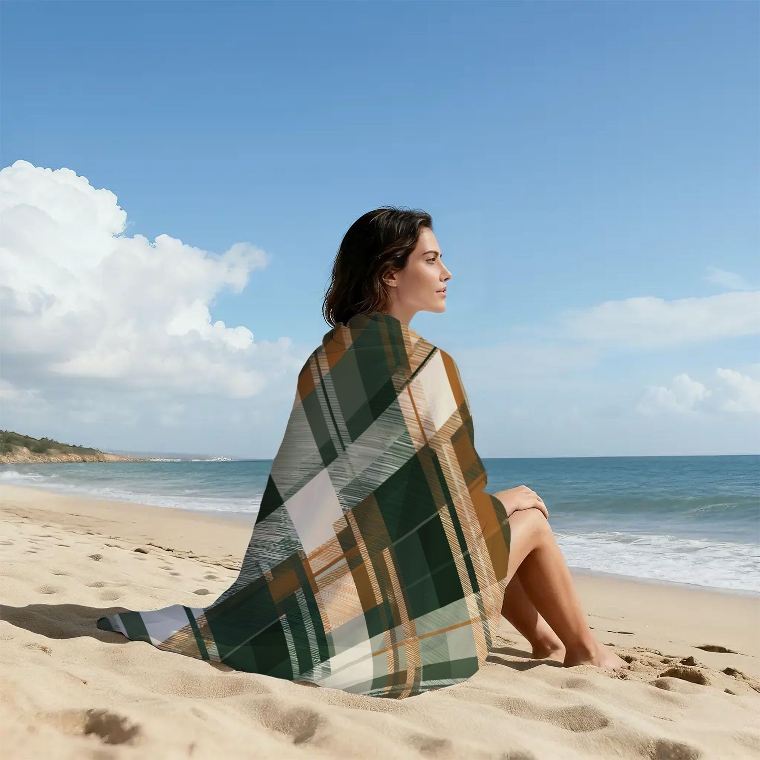 Serviette de Plage Microfibre 230 x 210 CM,Drap de Plage Classique, Rétro, Géométrique, Couverture de Plage Absorbante,Couverture de Bain Vichy Classique, Rayures, Grille