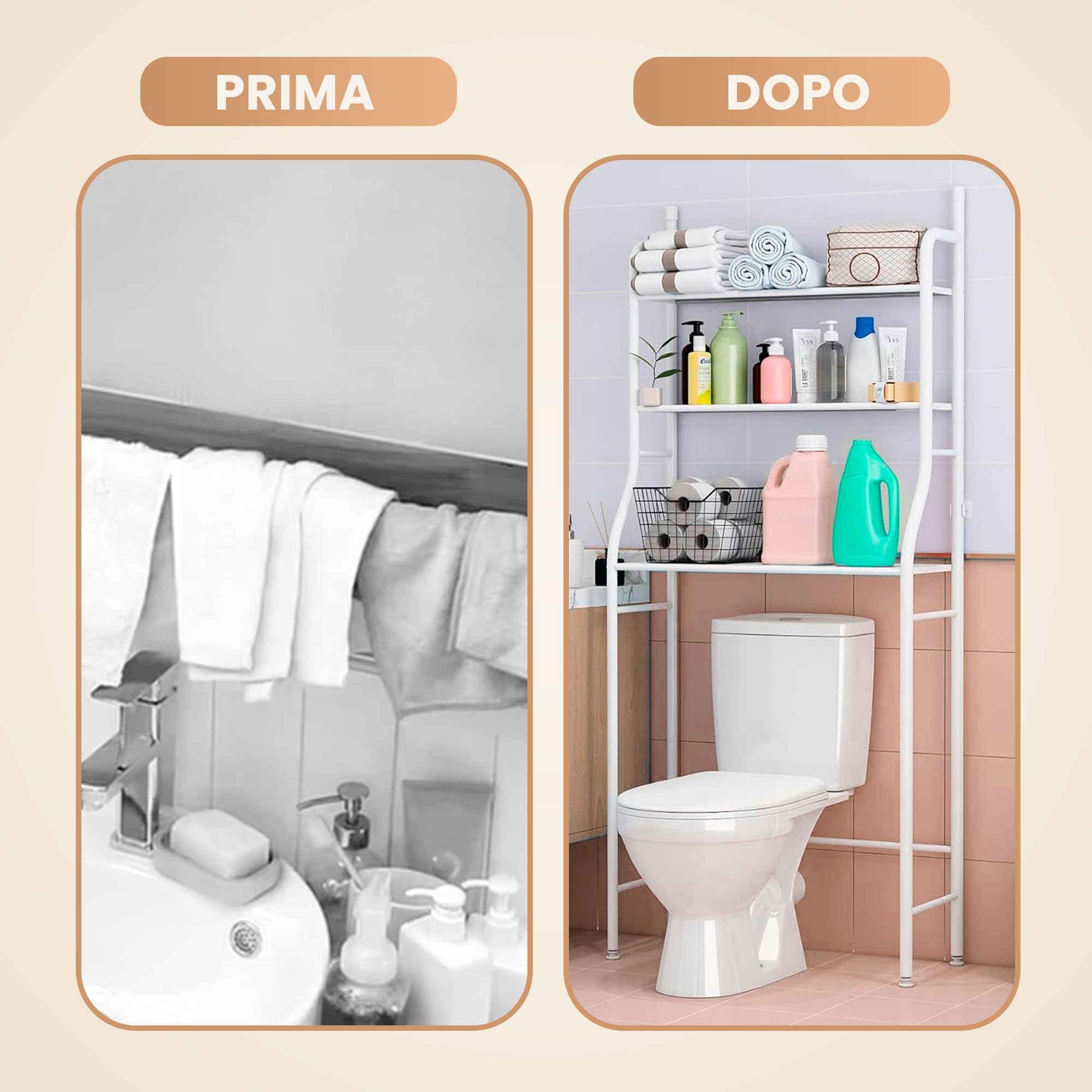 JUPPLIES Mobile Sopra WC Bagno 3 Ripiani Salvaspazio Scaffale Sopra Toilette Metallo 47x26x153cm Piedi Regolabili Anti-Ribaltamento