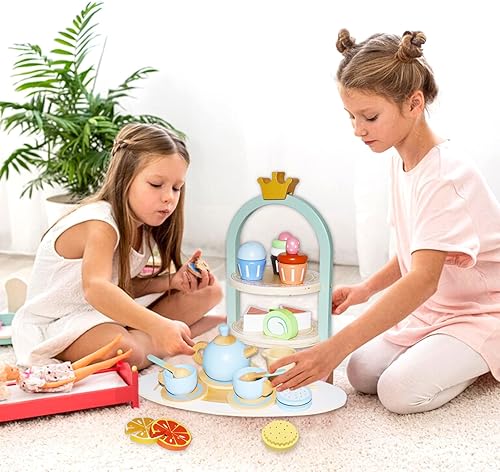 Miniatura 6 de Juego de fiesta de té de madera para niñas pequeñas, 28 piezas de juguetes de madera con soporte para cupcakes y accesorios de juego de simulación