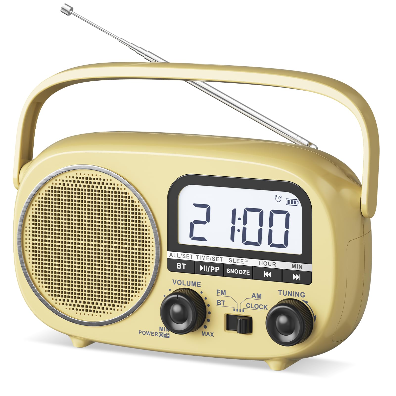 Audiocrazy Portable Radio AM FM with Bluetooth,Built-in Rechargeable Battery/Plug in Wall/4*D Cell Battery Operated, Digital Time Display, Transistor Radio for Home,Outdoor,Gift,Seniors (Yellow)