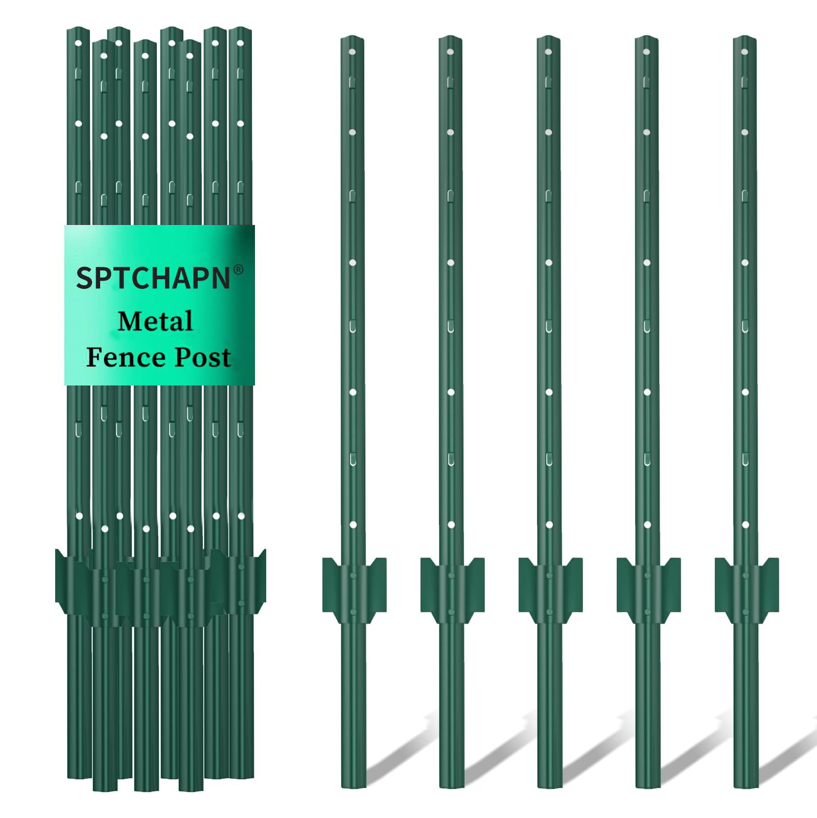 Sptchapn 148cm robuster und langlebiger Metallzaunpfosten, 10 Stück, für Garten, Terrasse und Außenbereich, Draht-U-förmiger Zaunpfosten, grüne T-Pfosten (10)