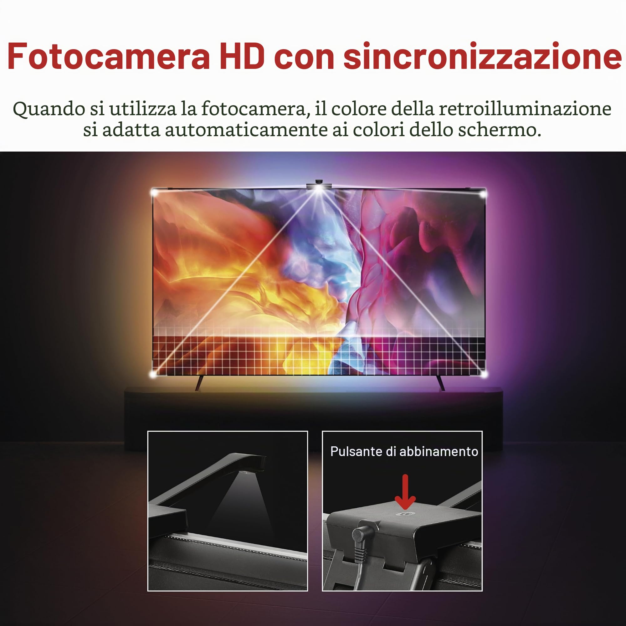 EMOS Retroilluminazione intelligente per TV da 55" (139 cm) - Tubi luminosi LED RGBIC rimovibili per TV con fotocamera - Luminosità 450 lm - Connettività WiFi, controllo tramite app