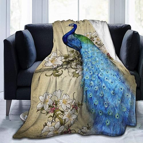 Abucaky Manta de forro polar de flores de pavo real, ultra suave y acogedora, manta decorativa de franela para todas las estaciones para el hogar,