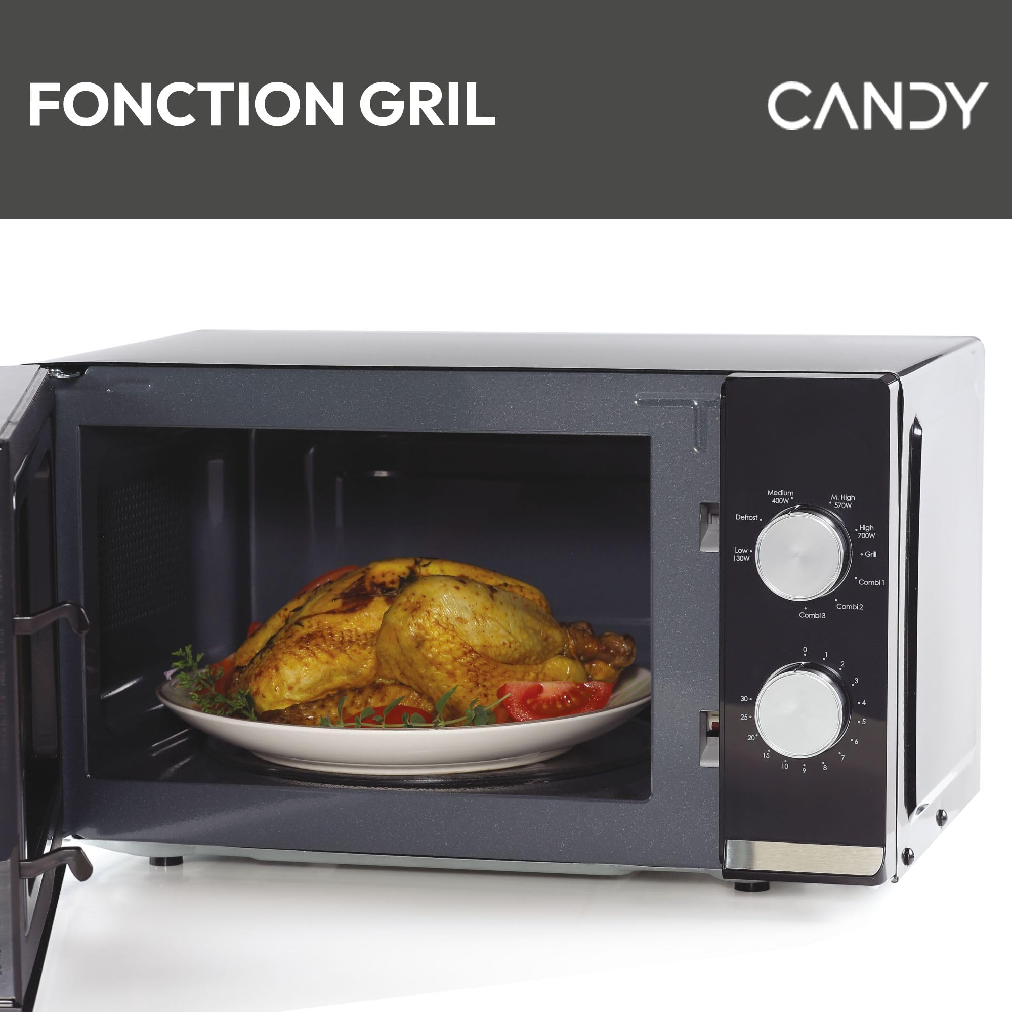Candy Moderna CMG20TNMB Four Micro-ondes 700 W 20L , Fonction Gril, Fonction Décongélation, 20 litres, Plateau Tournant 24,5cm, Noir & Silver