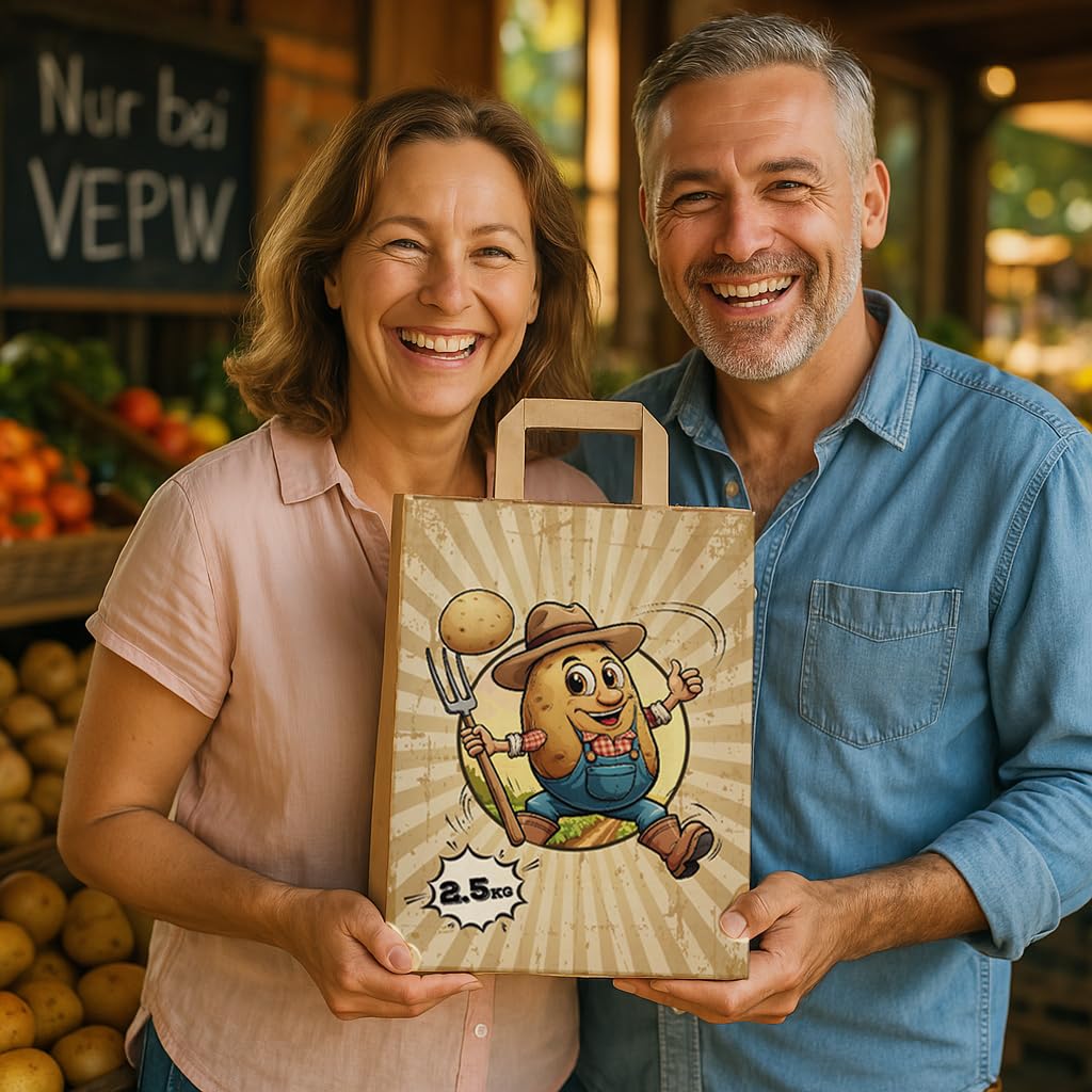 750 Papiertragetaschen Kartoffeln 2,5kg Papiertaschen Fröhliche Knolle Papiertüten Flachhenkel 22 + 10 x 31 cm