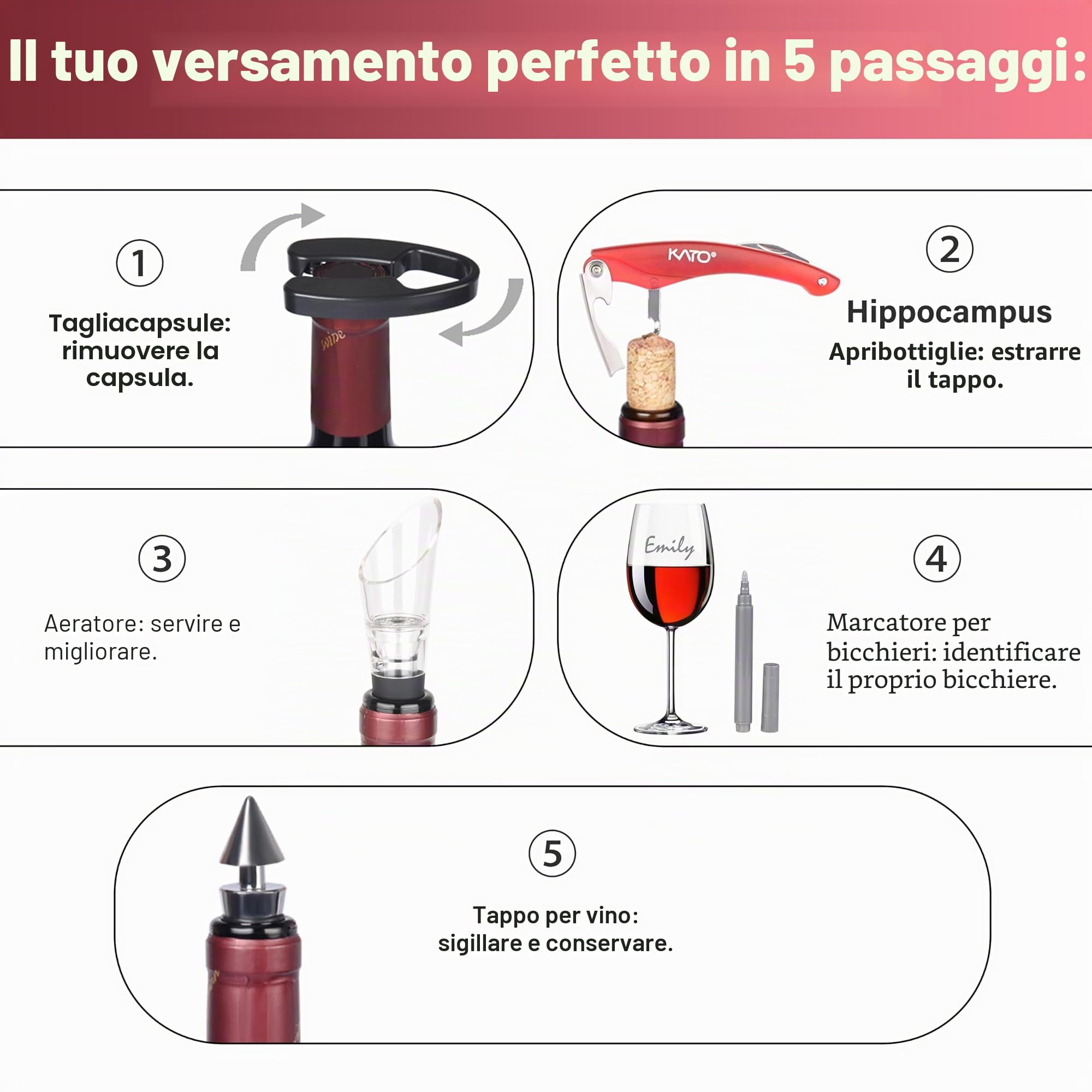 Kato Wine Cavatappi, Kit apribottiglie per vino, Set di accessori per vino, 5 pezzi, Regalo di San Valentino perfetto per amanti del vino e bevitori, Argento