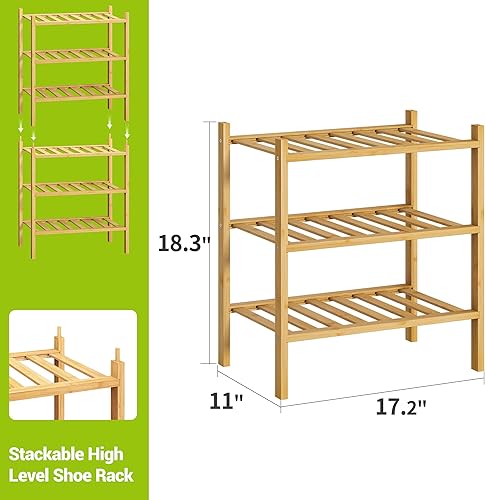 Miniatura 72 de BMOSU - Estante de zapatos pequeño apilable de 3 niveles de bambú premium, organizador de almacenamiento para pasillo, armario, sala de estar y