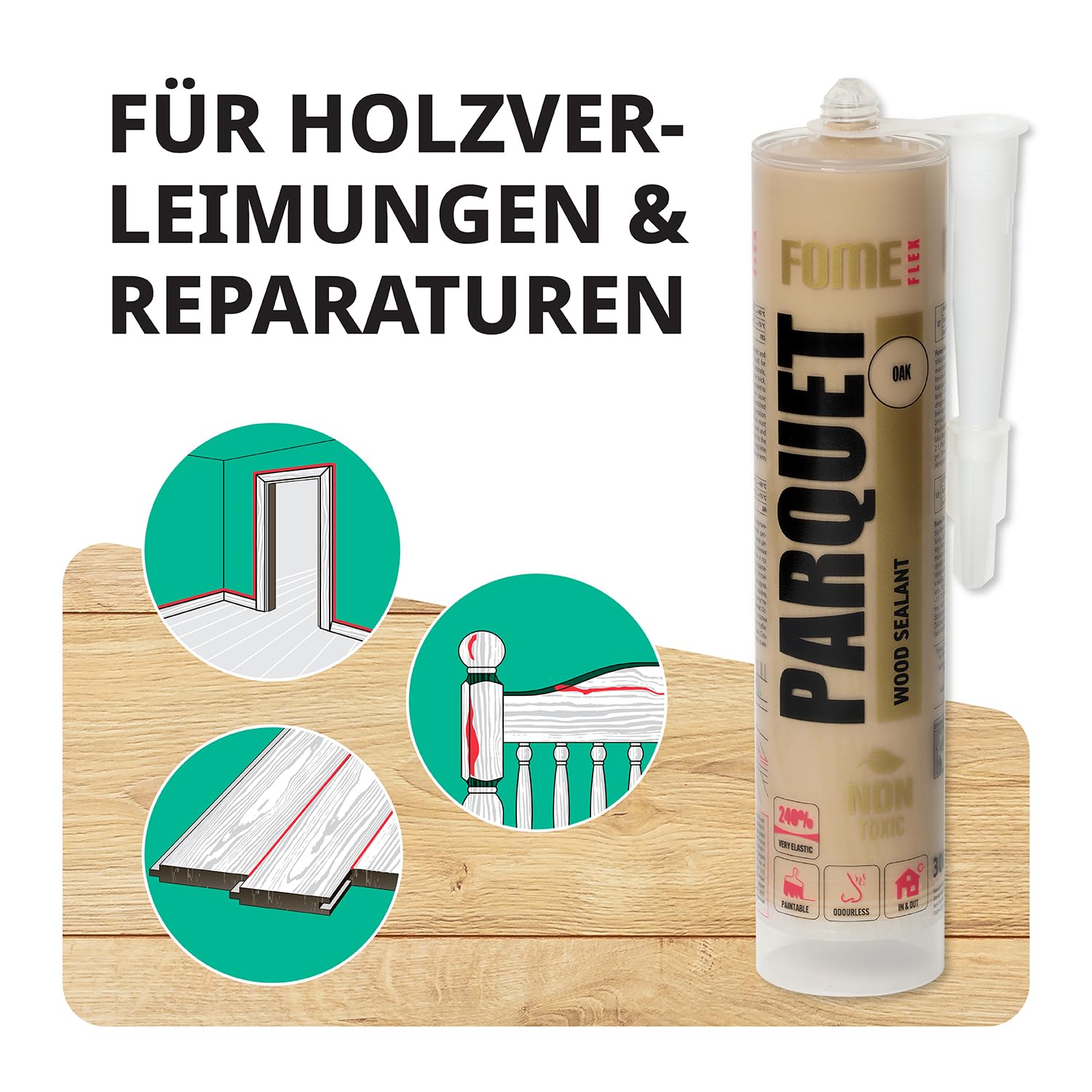 4x Parkett-Fugenfüller Eiche + Kartuschenpistole – Acryl Dichtstoff für Holz, Parkett und Laminat, überstreichbar mit 2000N Pistole