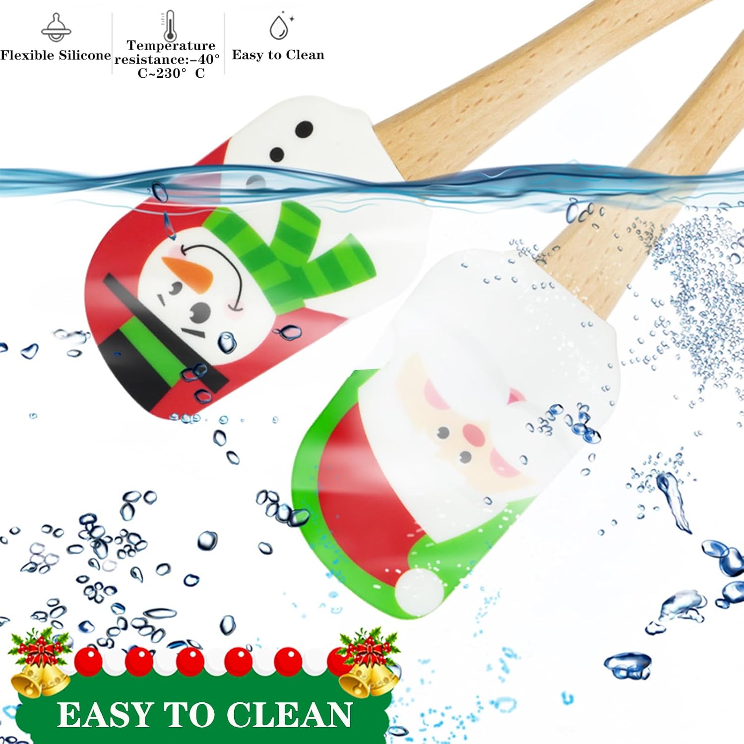 Silicone Spatula, Caliamary 3 Pieces Kitchen Silicone Spatula Set, Christmas Cake Decorating Spatula with Wooden Handle, Snowman Gingerbread Man and Santa Claus Pattern (Snowman)