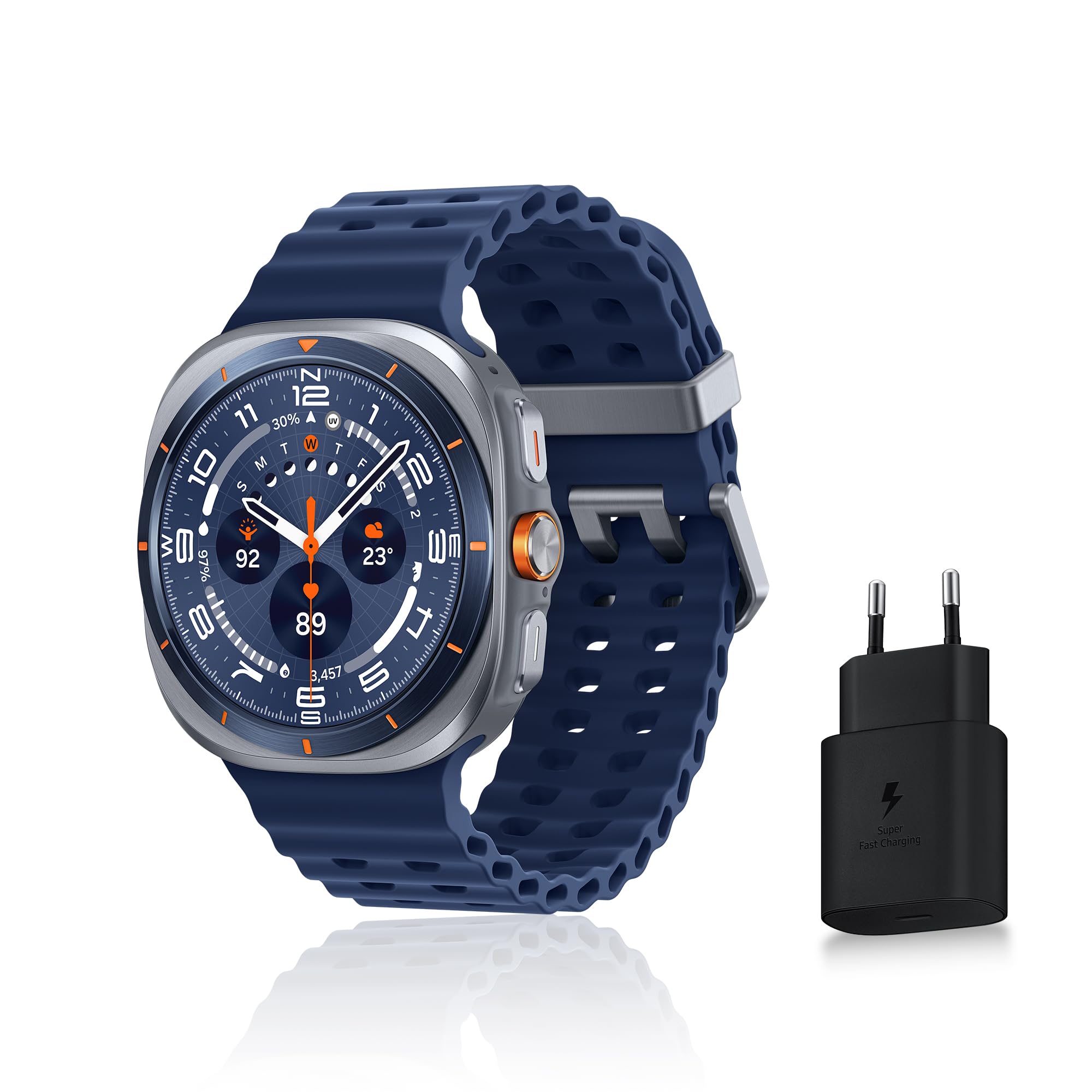 Samsung Galaxy Watch Ultra (2025), Montre Connectée, Bouton d'action, Galaxy AI, GPS Double fréquence, 4G, 47mm, Bleu Titane, Chargeur Secteur Rapide 25W Inclus, Version FR