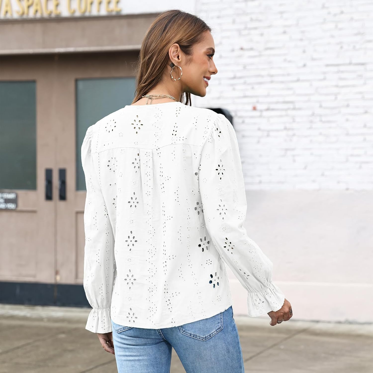 Women Eyelet Long Sleeve Tops Shirts Dressy Cotton Embroidered Ruffle Sleeve Round Neck Button Up Blouse - Image 4